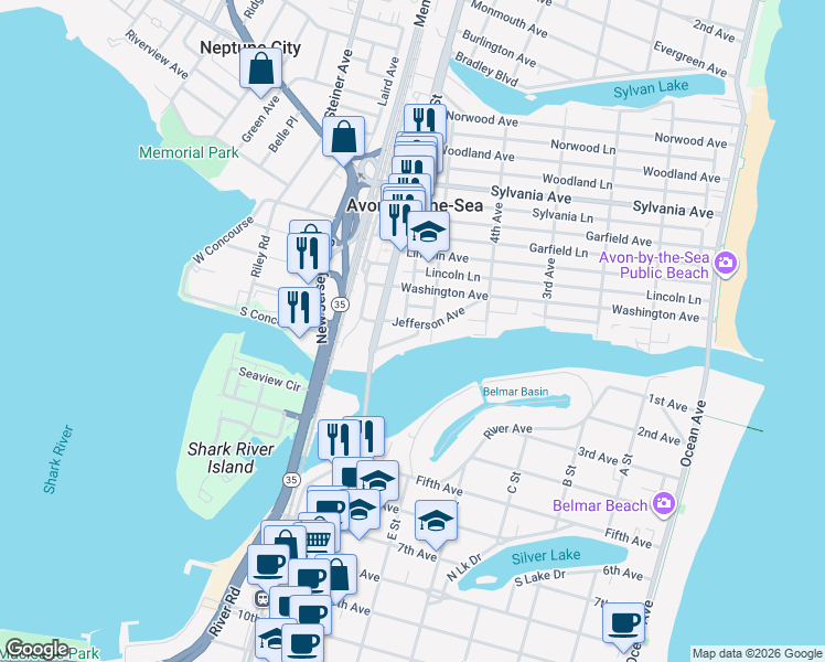 map of restaurants, bars, coffee shops, grocery stores, and more near 26 Poole Avenue in Avon-by-the-Sea