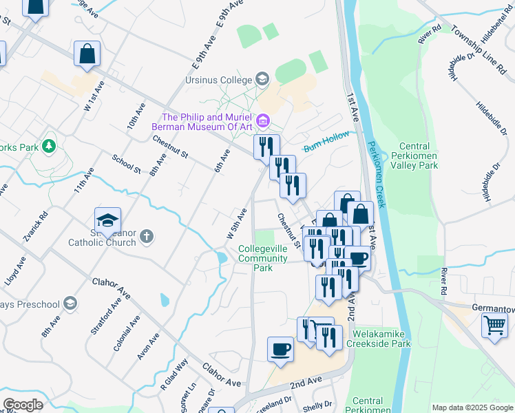 map of restaurants, bars, coffee shops, grocery stores, and more near 439 Park Avenue in Collegeville