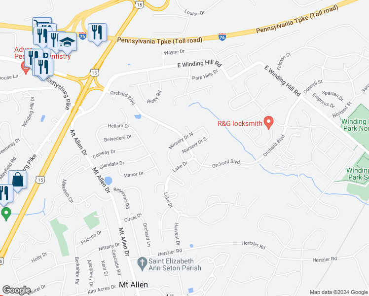 map of restaurants, bars, coffee shops, grocery stores, and more near 496 Nursery Drive South in Mechanicsburg