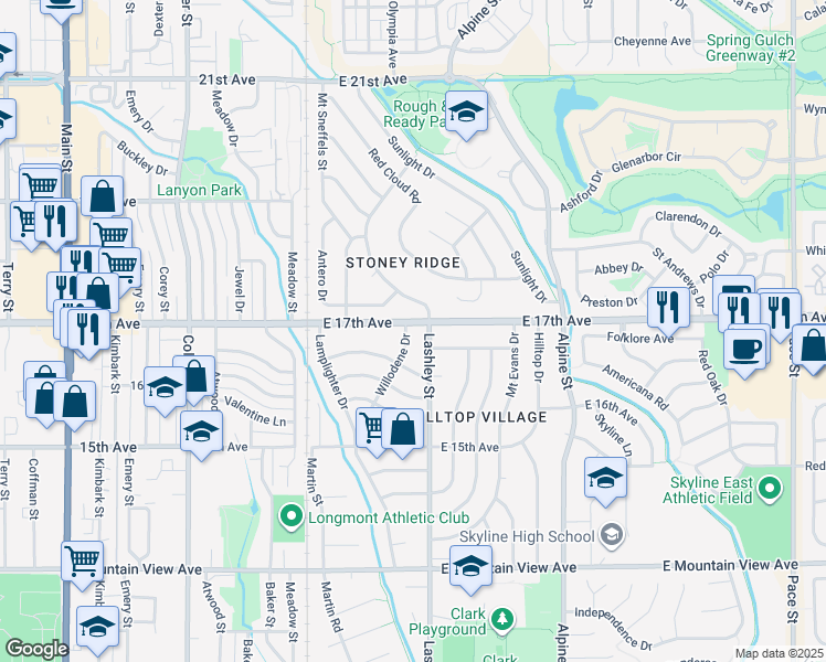map of restaurants, bars, coffee shops, grocery stores, and more near 1627 Lashley Street in Longmont