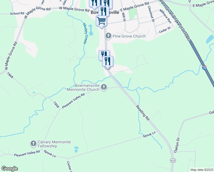 map of restaurants, bars, coffee shops, grocery stores, and more near 120 Pleasant Valley Road in East Earl
