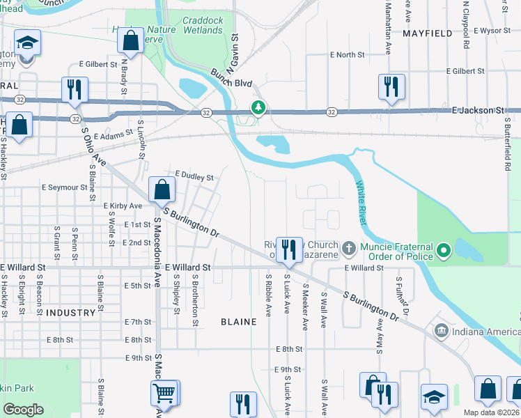 map of restaurants, bars, coffee shops, grocery stores, and more near 1004 South Burlington Drive in Muncie