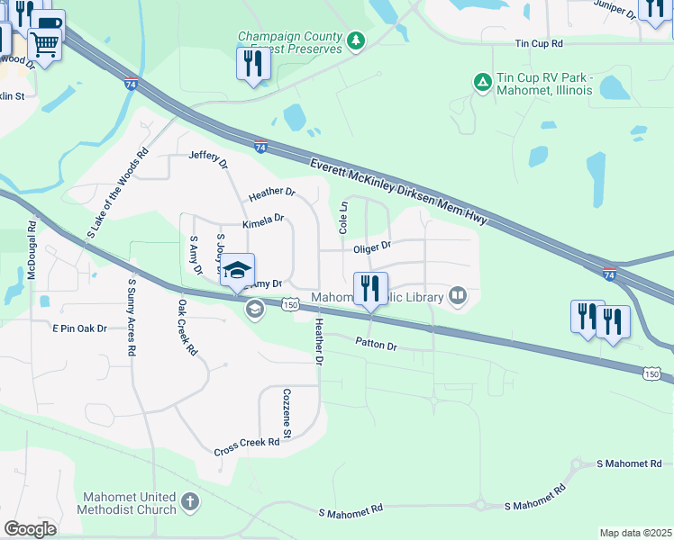 map of restaurants, bars, coffee shops, grocery stores, and more near 813 Cole Lane in Mahomet