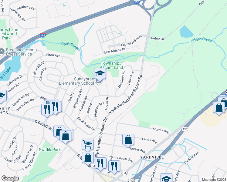 map of restaurants, bars, coffee shops, grocery stores, and more near 182 Elton Avenue in Hamilton Township