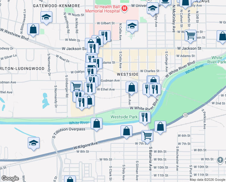 map of restaurants, bars, coffee shops, grocery stores, and more near 714 South Cole Avenue in Muncie
