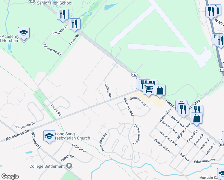 map of restaurants, bars, coffee shops, grocery stores, and more near 418 Norristown Road in Horsham