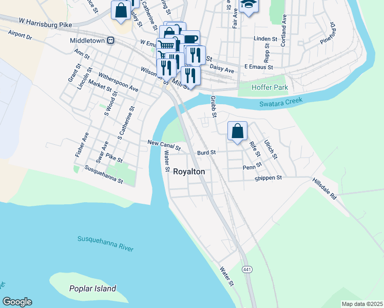 map of restaurants, bars, coffee shops, grocery stores, and more near in Royalton