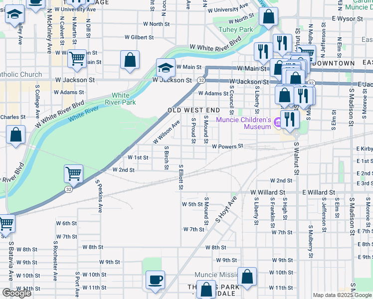 map of restaurants, bars, coffee shops, grocery stores, and more near 651 South Elliott Street in Muncie