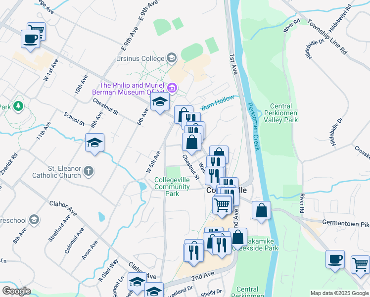 map of restaurants, bars, coffee shops, grocery stores, and more near 445 Chestnut Street in Collegeville