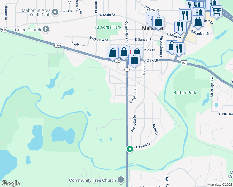 map of restaurants, bars, coffee shops, grocery stores, and more near 105 West Jackson Street in Mahomet