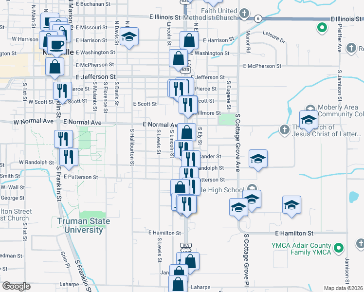 map of restaurants, bars, coffee shops, grocery stores, and more near 1002 South Baltimore Street in Kirksville