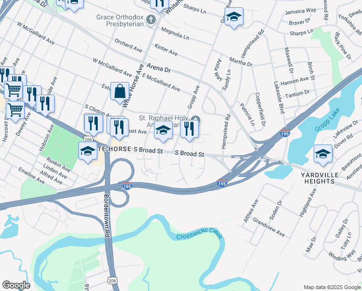 map of restaurants, bars, coffee shops, grocery stores, and more near 3416 South Broad Street in Hamilton Township