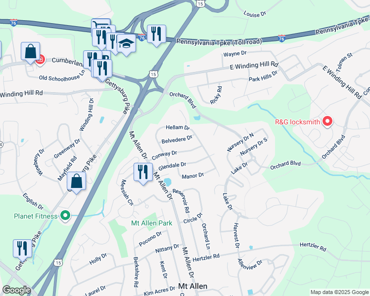 map of restaurants, bars, coffee shops, grocery stores, and more near 21 Conway Drive in Mechanicsburg