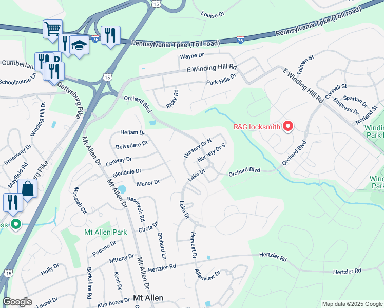 map of restaurants, bars, coffee shops, grocery stores, and more near 485 Nursery Drive North in Mechanicsburg