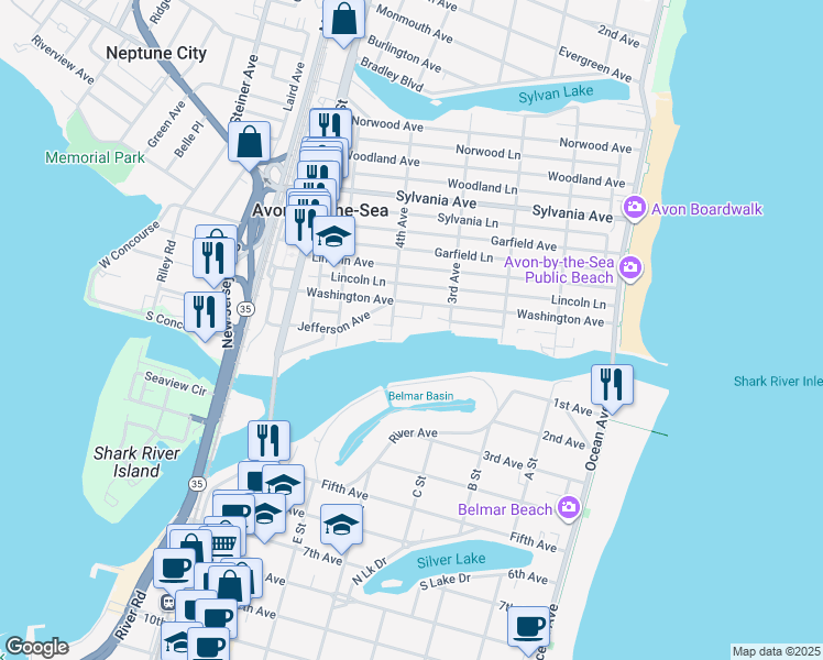map of restaurants, bars, coffee shops, grocery stores, and more near 320 McKinley Place in Avon-by-the-Sea
