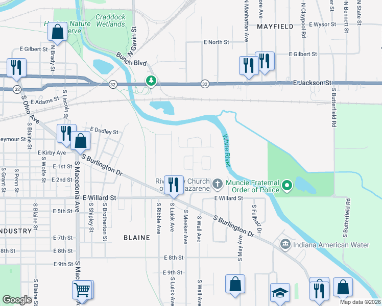 map of restaurants, bars, coffee shops, grocery stores, and more near 1 West Drive in Muncie