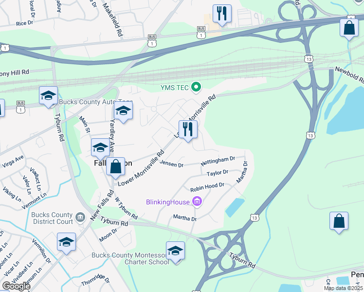 map of restaurants, bars, coffee shops, grocery stores, and more near 15 Nottingham Court in Levittown