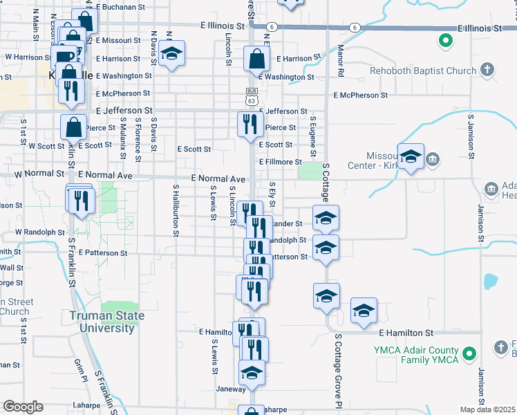 map of restaurants, bars, coffee shops, grocery stores, and more near 1100-1198 Park Avenue in Kirksville