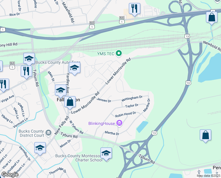 map of restaurants, bars, coffee shops, grocery stores, and more near 15 Nottingham Court in Levittown