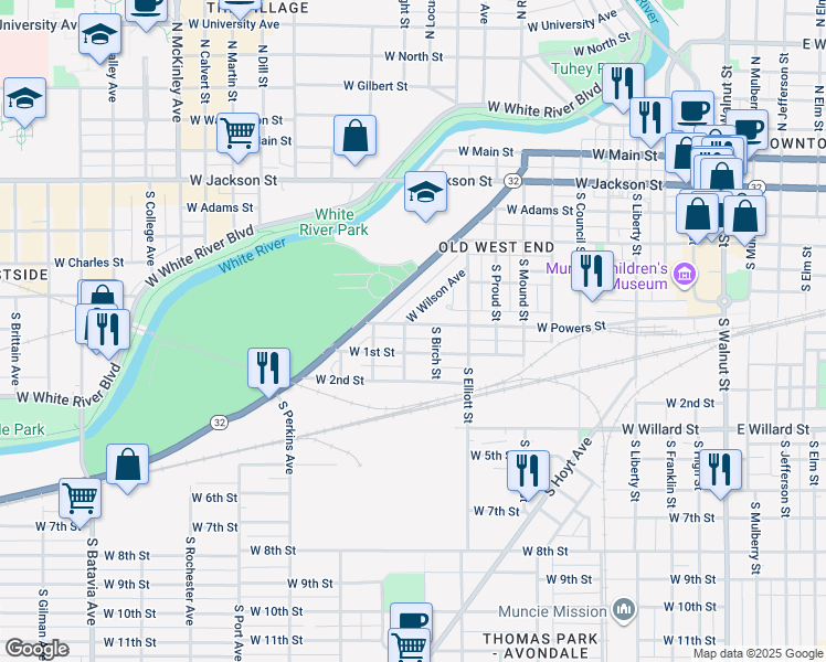map of restaurants, bars, coffee shops, grocery stores, and more near 1104 West 1st Street in Muncie