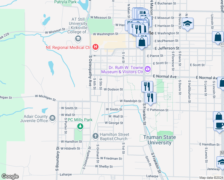 map of restaurants, bars, coffee shops, grocery stores, and more near 917 South Riggen Street in Kirksville