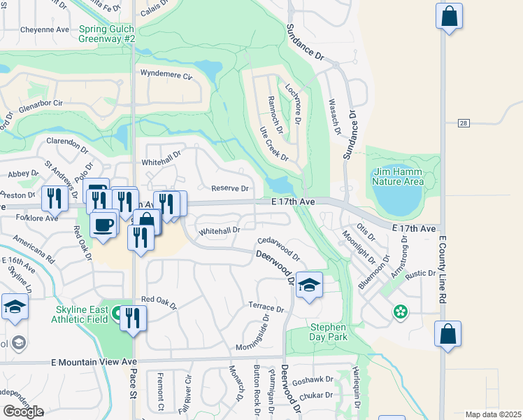 map of restaurants, bars, coffee shops, grocery stores, and more near 1404 Whitehall Drive in Longmont