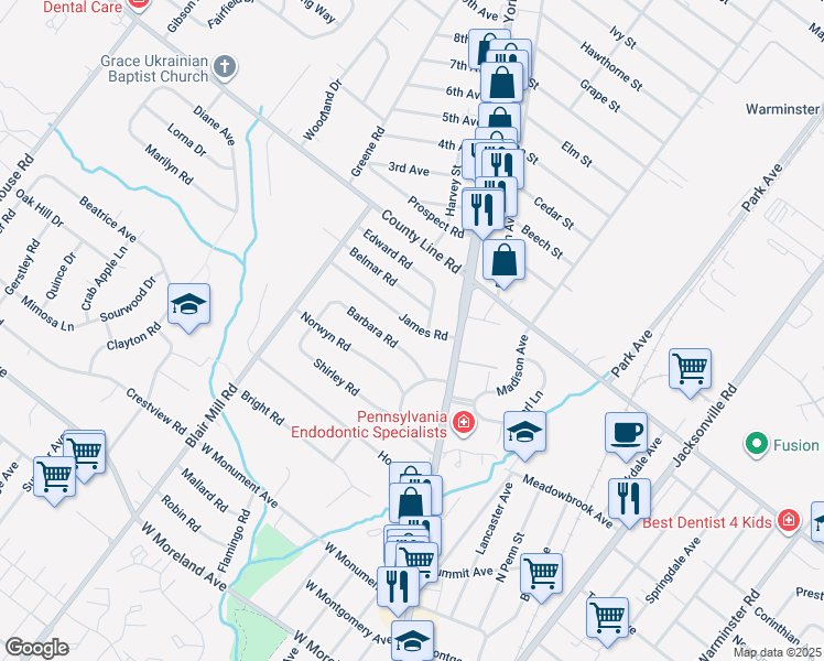 map of restaurants, bars, coffee shops, grocery stores, and more near 17 James Road in Hatboro