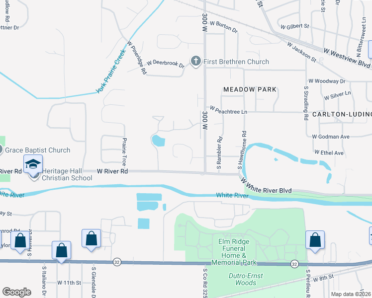 map of restaurants, bars, coffee shops, grocery stores, and more near 720 Stony-Brook Drive in Muncie