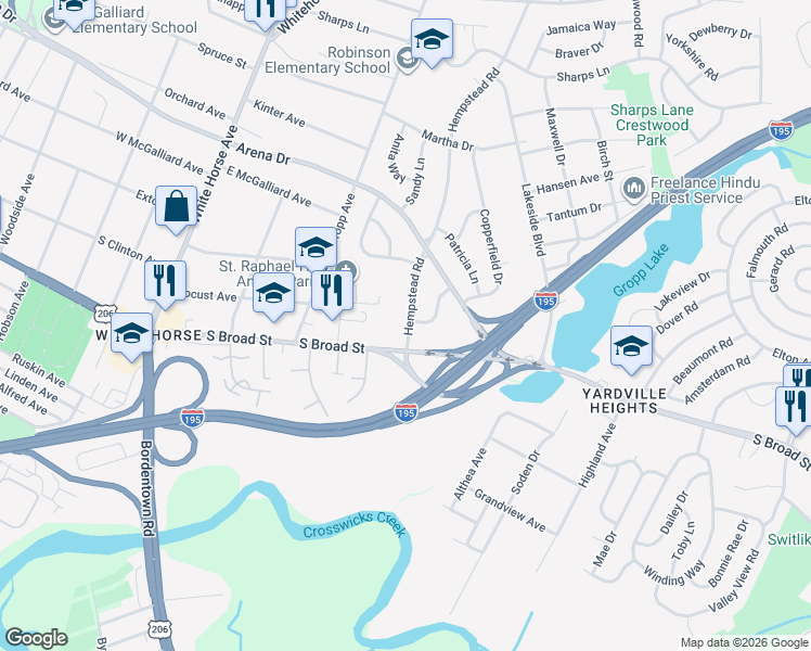 map of restaurants, bars, coffee shops, grocery stores, and more near 4 Hempstead Road in Trenton