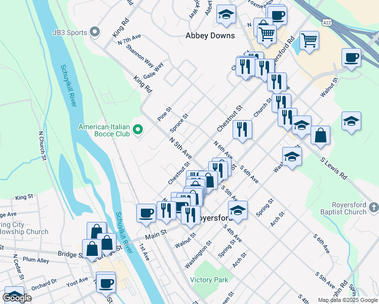 map of restaurants, bars, coffee shops, grocery stores, and more near 135 North 5th Avenue in Royersford