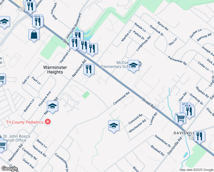 map of restaurants, bars, coffee shops, grocery stores, and more near 10308 Centennial Station in Warminster