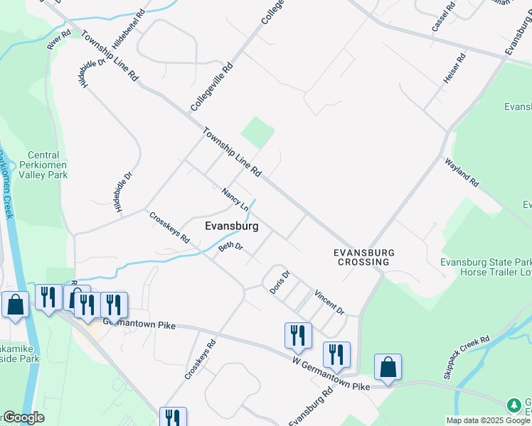 map of restaurants, bars, coffee shops, grocery stores, and more near 3900 Nancy Lane in Collegeville