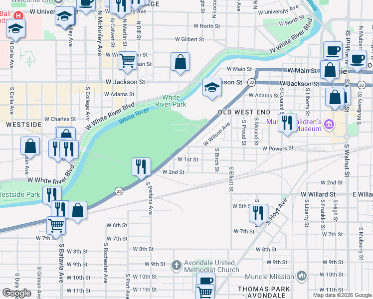 map of restaurants, bars, coffee shops, grocery stores, and more near 1327 West Kilgore Avenue in Muncie