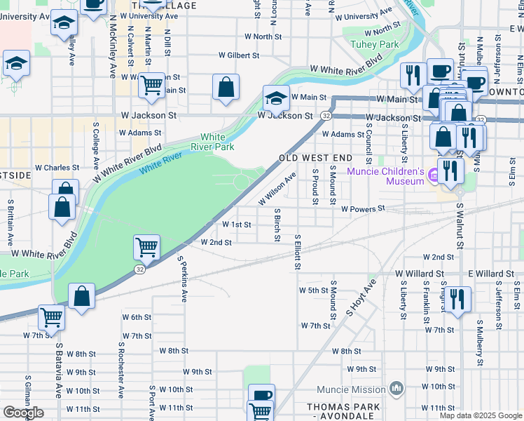 map of restaurants, bars, coffee shops, grocery stores, and more near 1123 West Powers Street in Muncie
