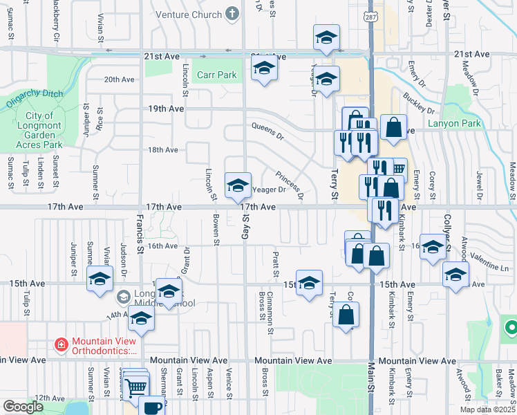 map of restaurants, bars, coffee shops, grocery stores, and more near 1127 17th Ave in Longmont