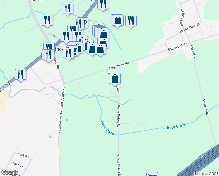 map of restaurants, bars, coffee shops, grocery stores, and more near 51 Uncle Pete's Road in Robbinsville Township