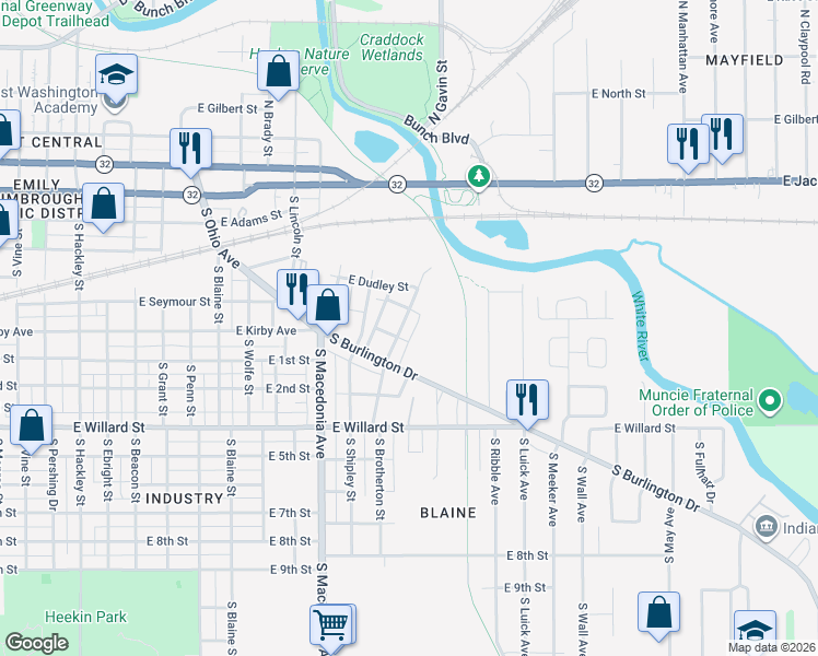 map of restaurants, bars, coffee shops, grocery stores, and more near 916 South Burlington Drive in Muncie