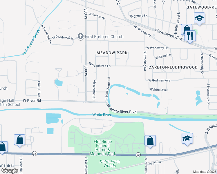 map of restaurants, bars, coffee shops, grocery stores, and more near 4605 West Riverbend Drive in Muncie