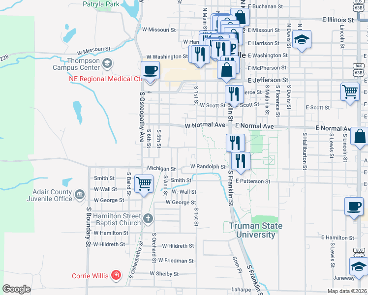 map of restaurants, bars, coffee shops, grocery stores, and more near 917 South Riggen Street in Kirksville