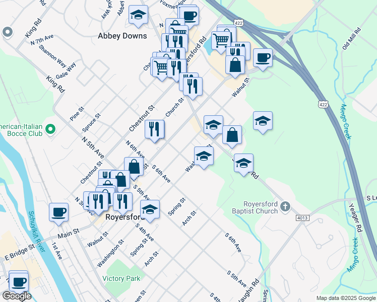 map of restaurants, bars, coffee shops, grocery stores, and more near 718 Walnut Street in Royersford