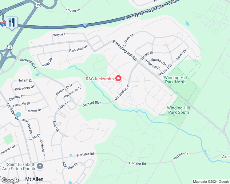 map of restaurants, bars, coffee shops, grocery stores, and more near 1842 Shady Lane in Mechanicsburg