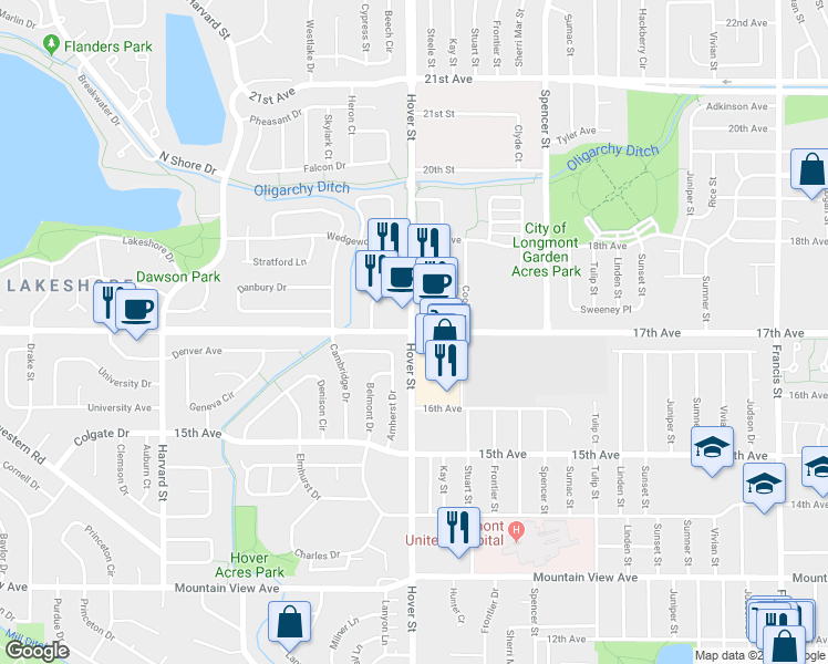 map of restaurants, bars, coffee shops, grocery stores, and more near 2318 17th Ave in Longmont