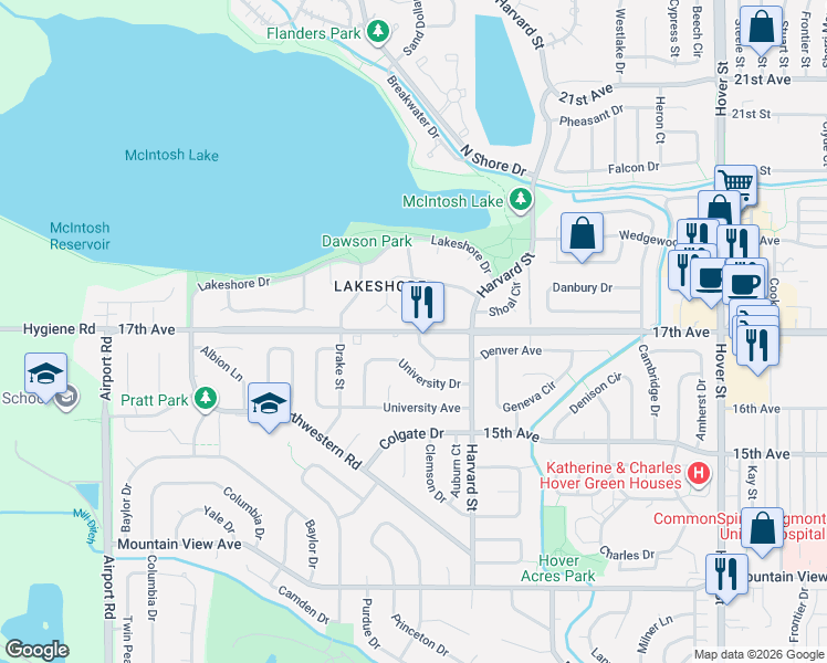 map of restaurants, bars, coffee shops, grocery stores, and more near 3019 17th Ave in Longmont
