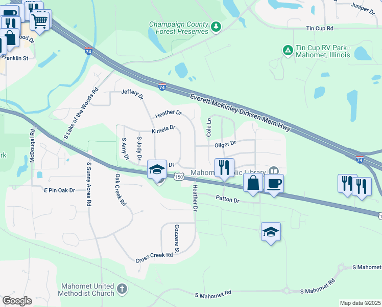 map of restaurants, bars, coffee shops, grocery stores, and more near 1504 East Amy Drive in Mahomet