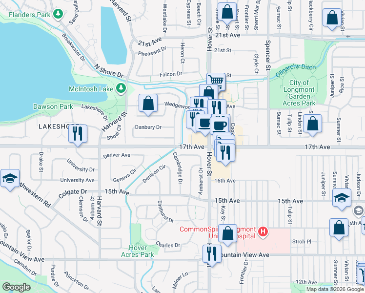 map of restaurants, bars, coffee shops, grocery stores, and more near 1572 Cambridge Drive in Longmont