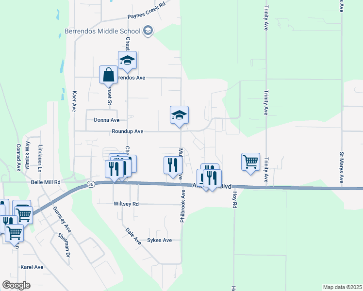 map of restaurants, bars, coffee shops, grocery stores, and more near 557-563 Houston Lane in Red Bluff