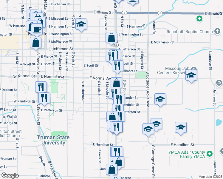 map of restaurants, bars, coffee shops, grocery stores, and more near 1002 South Baltimore Street in Kirksville