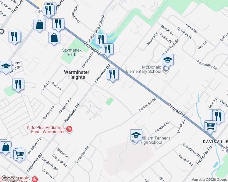 map of restaurants, bars, coffee shops, grocery stores, and more near 454 Tall Oaks Drive in Warminster