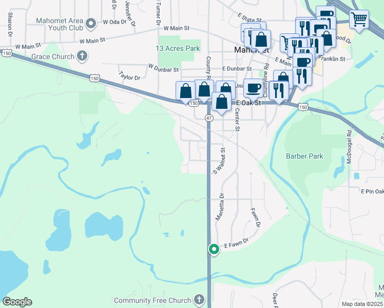 map of restaurants, bars, coffee shops, grocery stores, and more near 105 West Jackson Street in Mahomet
