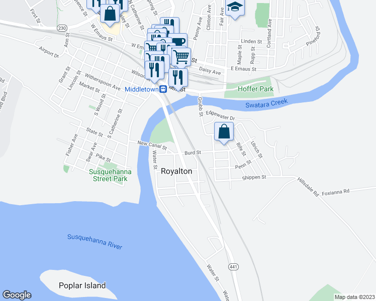 map of restaurants, bars, coffee shops, grocery stores, and more near in Royalton